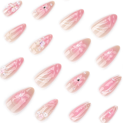 hot-selling almond nail short wearable nail piece blush fake nail 3D three-dimensional flower nail piece｜365nails
