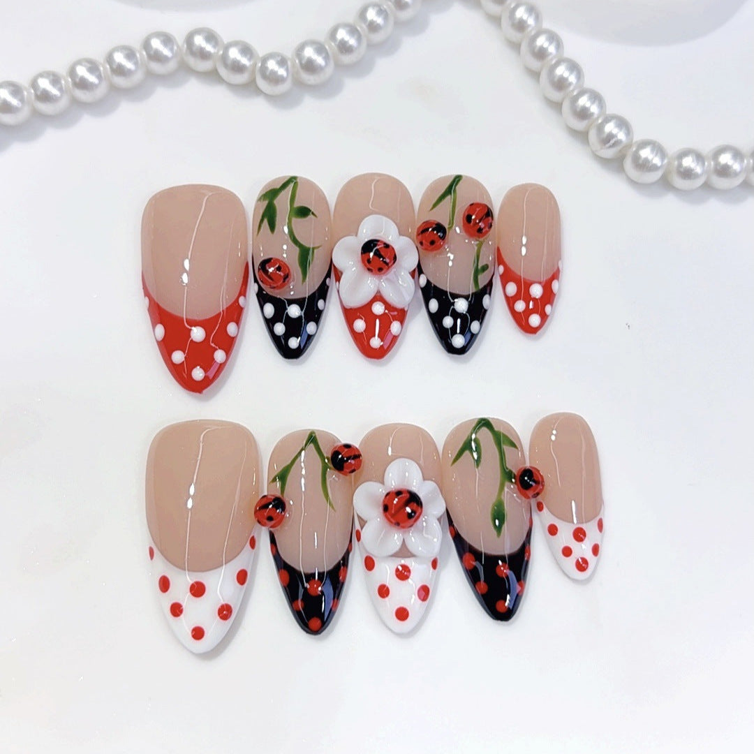 Ladybug Garden: "Polka Dot & Floral" – Almond Press-On Nails