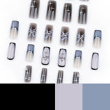 Uñas postizas cuadradas de gran venta, con diseño francés negro difuminado, con forma de cruz y lazo de estrella | 365nails