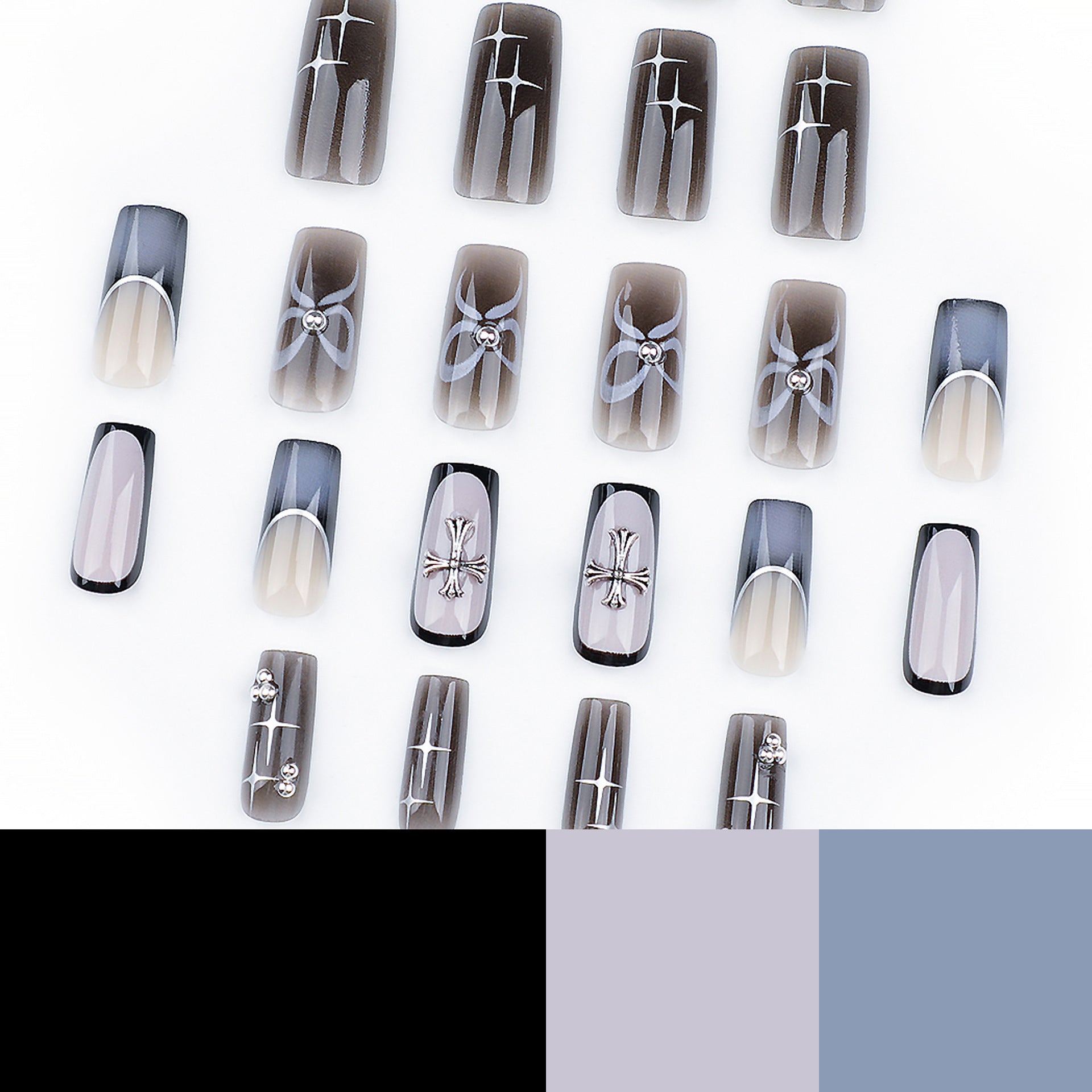 Uñas postizas cuadradas de gran venta, con diseño francés negro difuminado, con forma de cruz y lazo de estrella | 365nails
