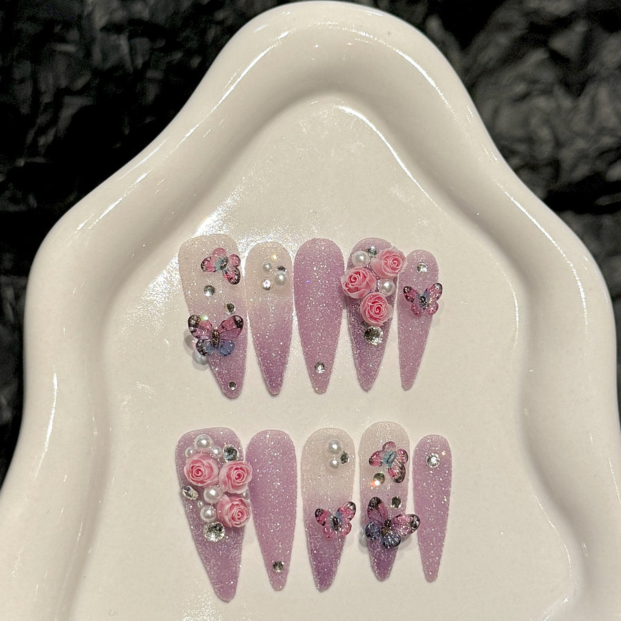 365nails: "Pink Blossom" – 3D Floral & Butterfly Handmade Stiletto Nails