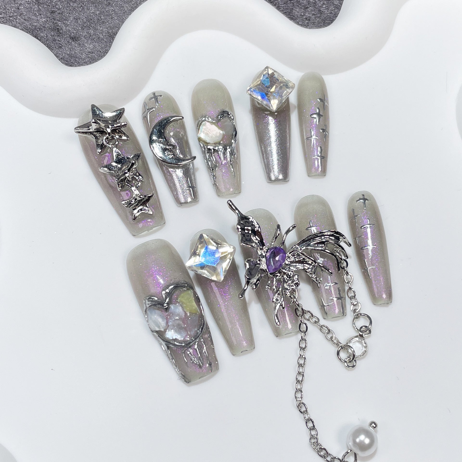 Uñas postizas hechas a mano, diseño de concha de aurora, para uso industrial, largas, con diseño de mariposa, pegatinas para uñas, venta al por mayor | 365nails