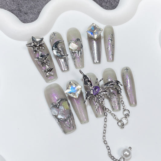 Unhas postiças artesanais estilo concha aurora, arte de unha longa, pingente de borboleta, adesivo de unha vestível, atacado 365nails