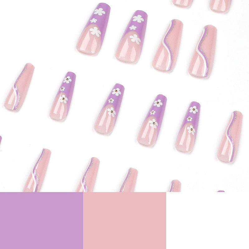 Peça de arte para unhas, balé longo roxo, produto acabado, atacado, linha de flores pequenas, remendo de unha em pó dourado ｜365nails