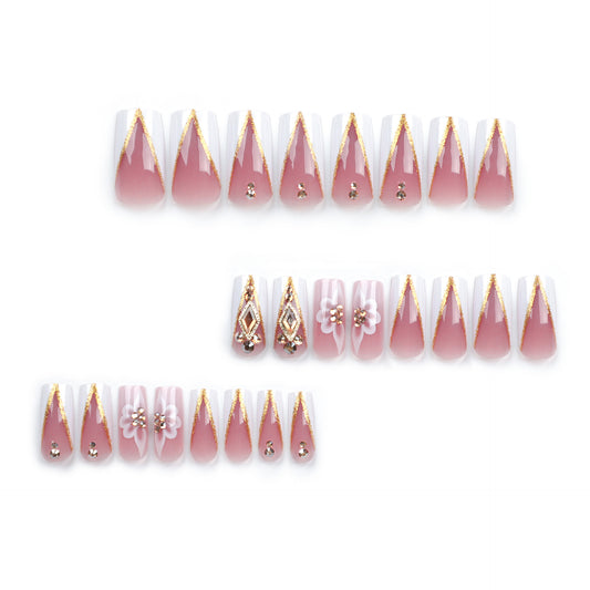 Golden glitter  V-shaped French white edge flower three-dimensional rhinestone  autumn and winter new  batch｜365nails