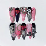 Pink Black Gothic Heart Crystal Statement Press On Nails