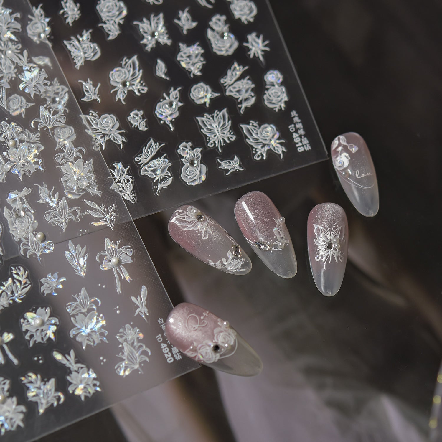 365nails: 홀로그램 백합 & 리본 크리스탈 엠보싱 세트 — 네일 스티커