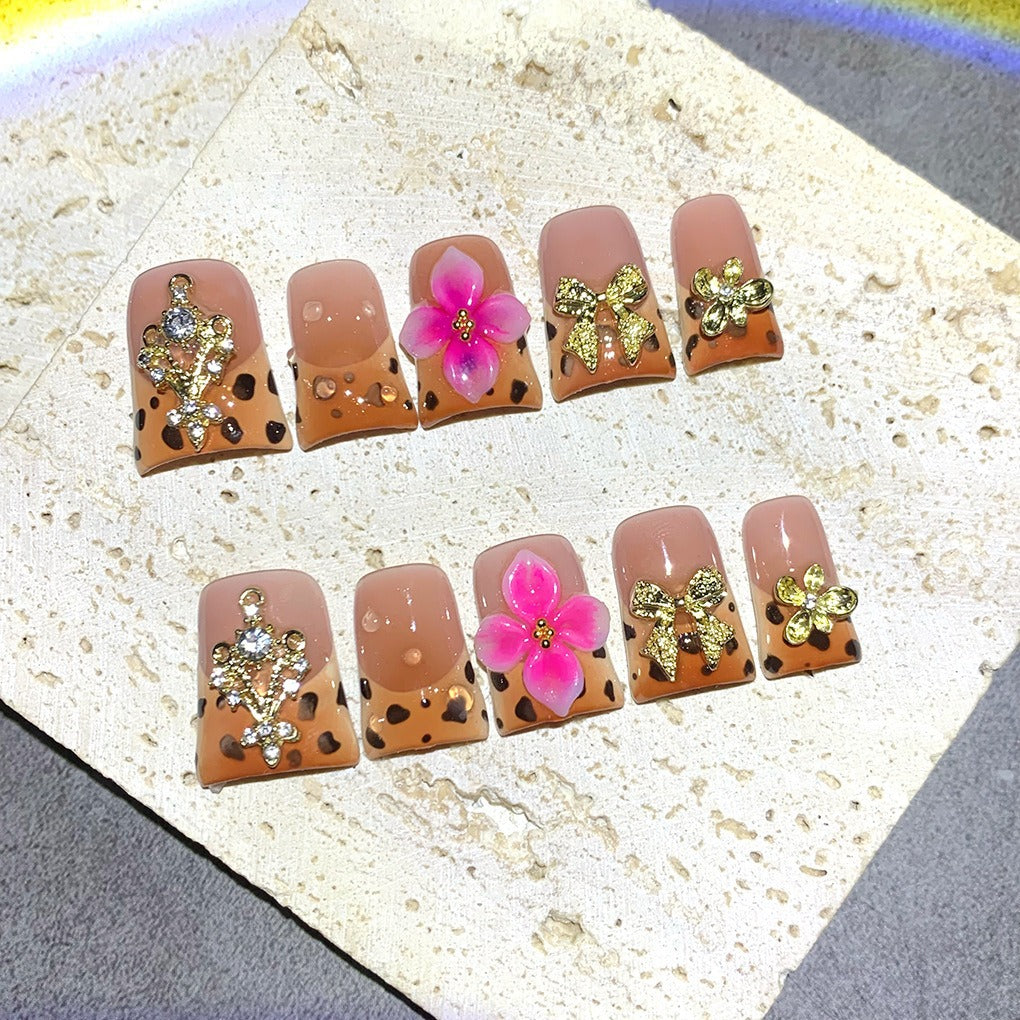 Brown Leopard Floral Duckbill Press On Nails