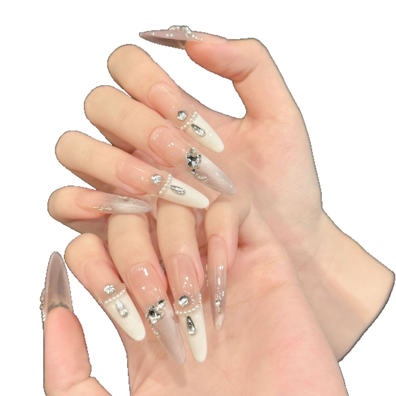 365nails: "문라잇 위스퍼" – 3D 크리스탈 & 진주 수제 스틸레토형 네일