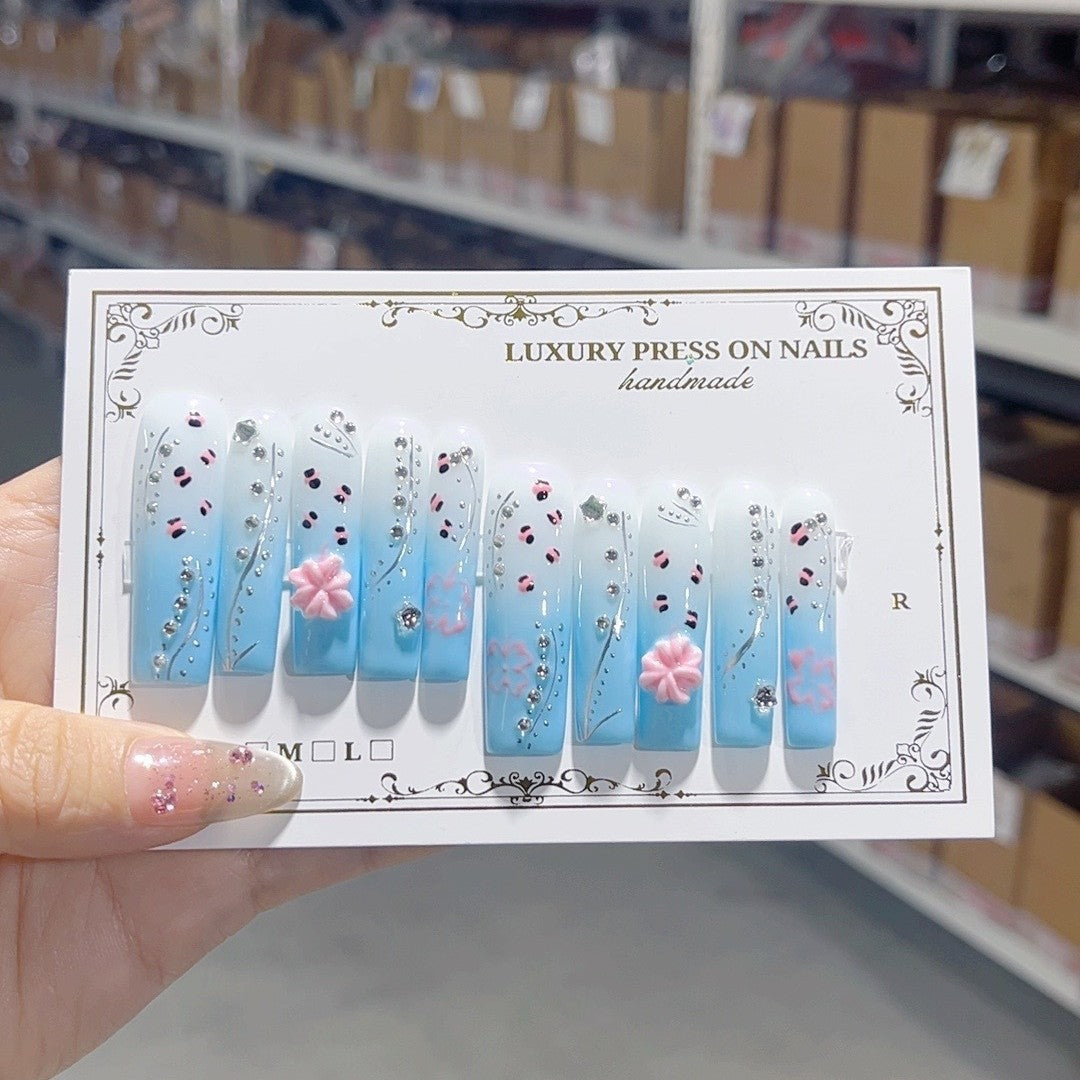 Blue Ombre Floral Crystal Elegant Press On Nails