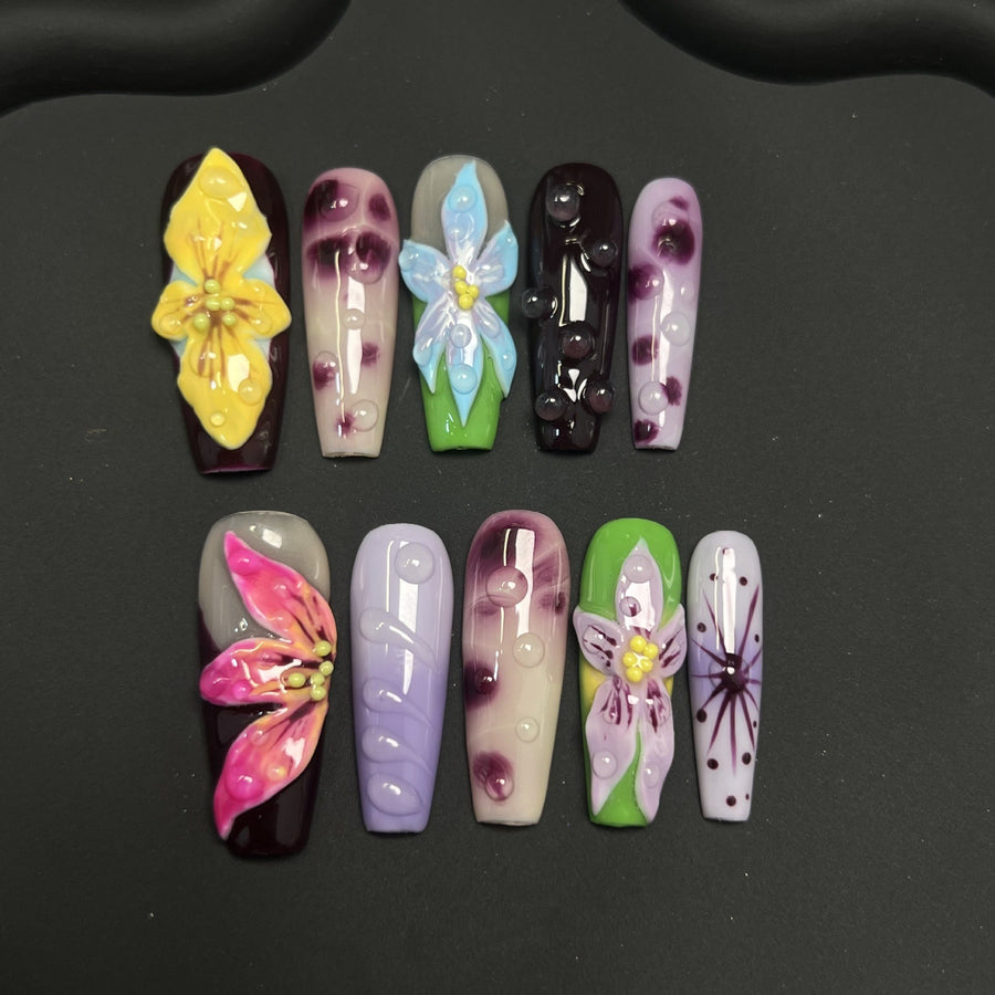 365nails: "Demonic Bloom" – 3D Hand-sculpted Floral & Abstract Art Stiletto Nails