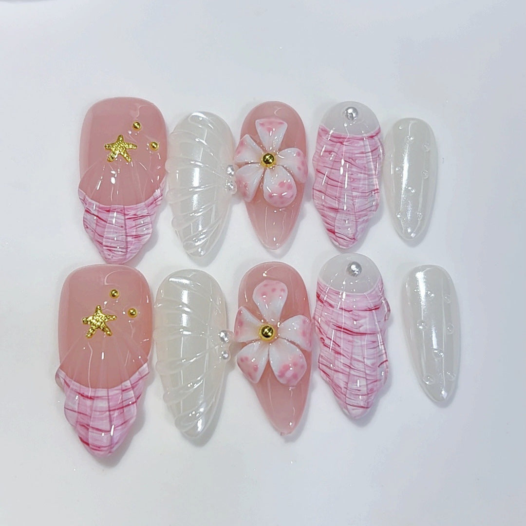 Seashell Sakura: "Starfish & Floral" – Almond Press-On Nails
