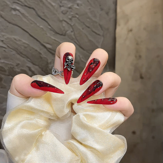 Long tip heavy industry handmade nails red ghost face beauty Europe and America extra long exaggerated nails dark | 365nails