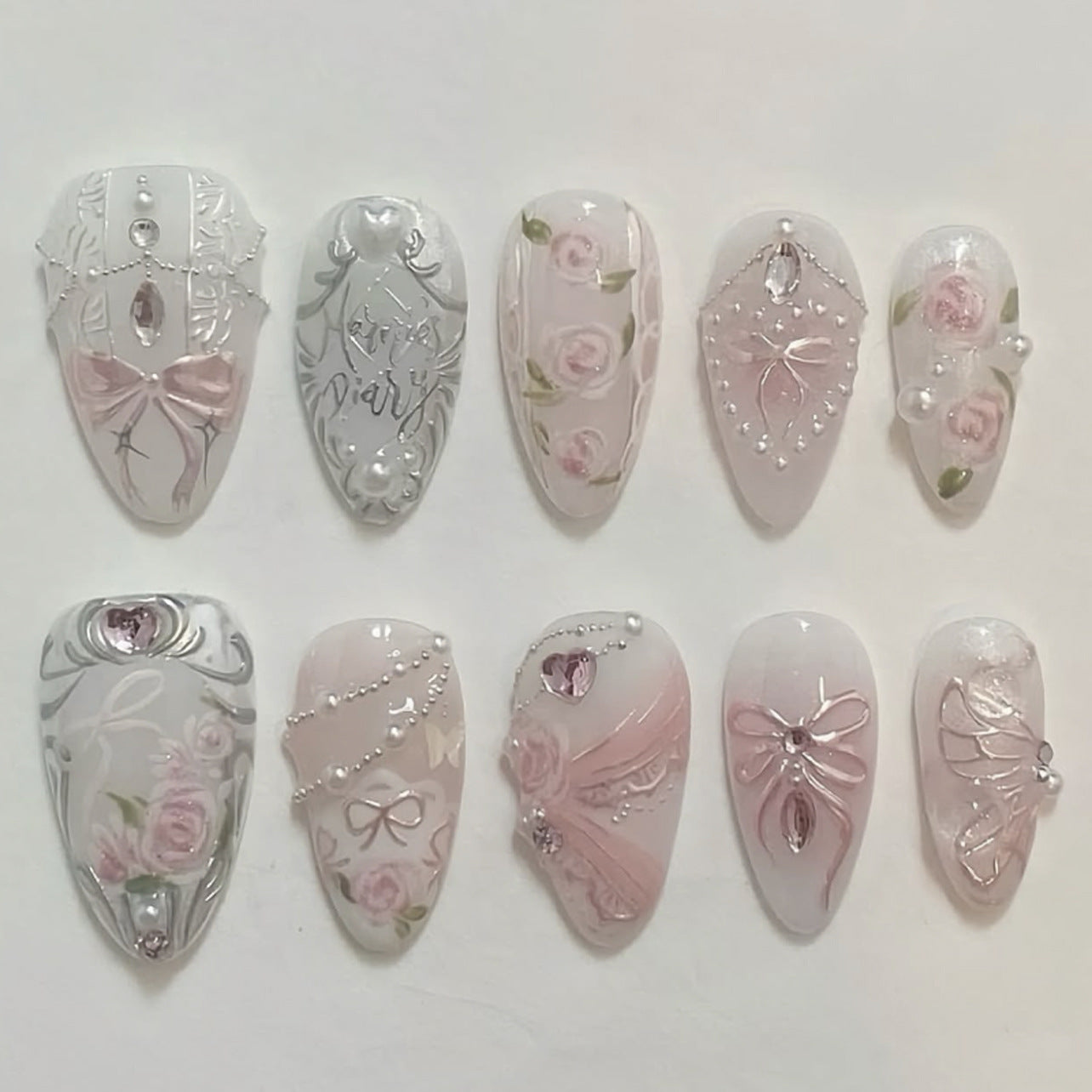 甜美粉玫瑰腮紅蝴蝶結可拆卸穿戴甲