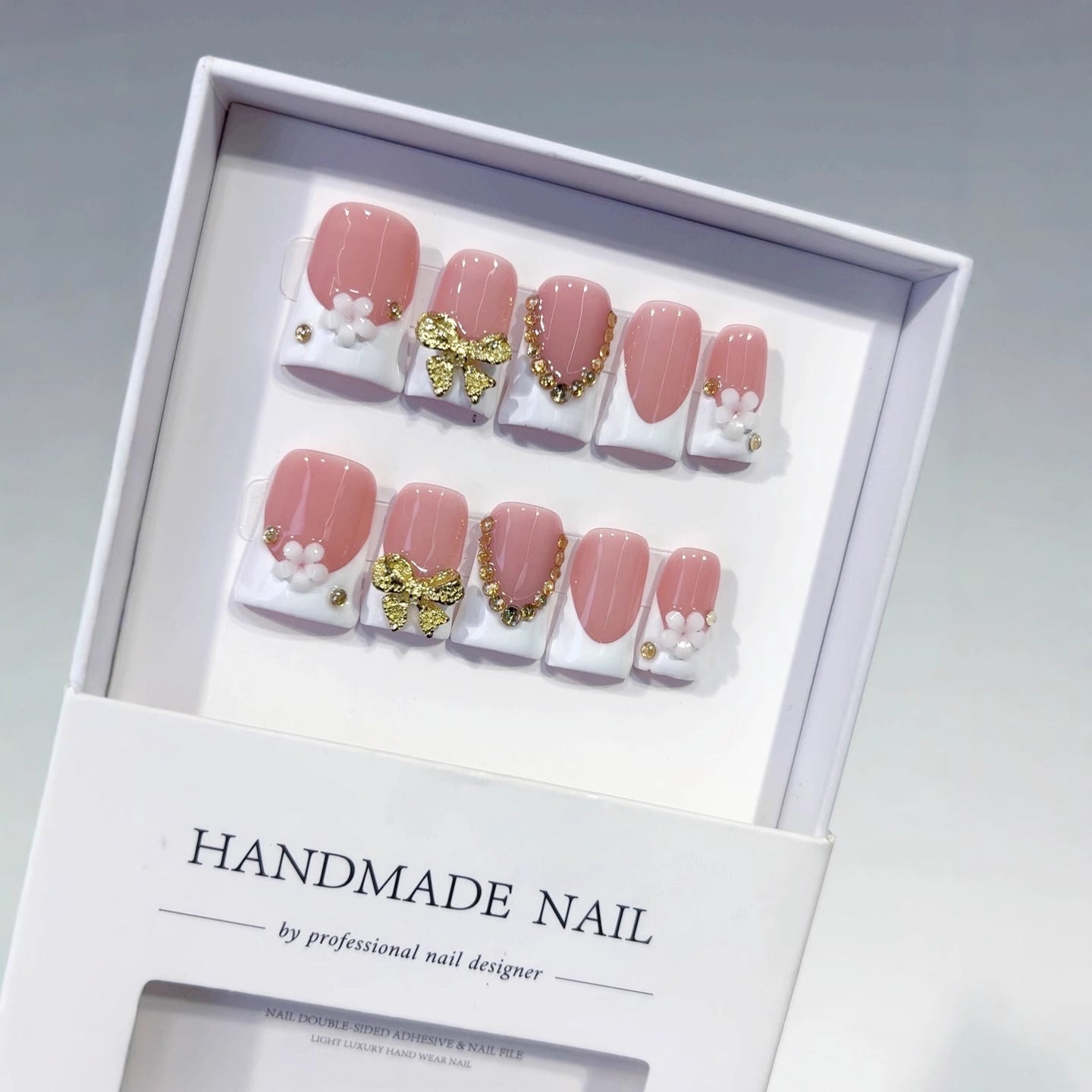 365nails: "Blush Gold Bow" – Short Square Nude-Pink French Gold Handmade Press-On Nails