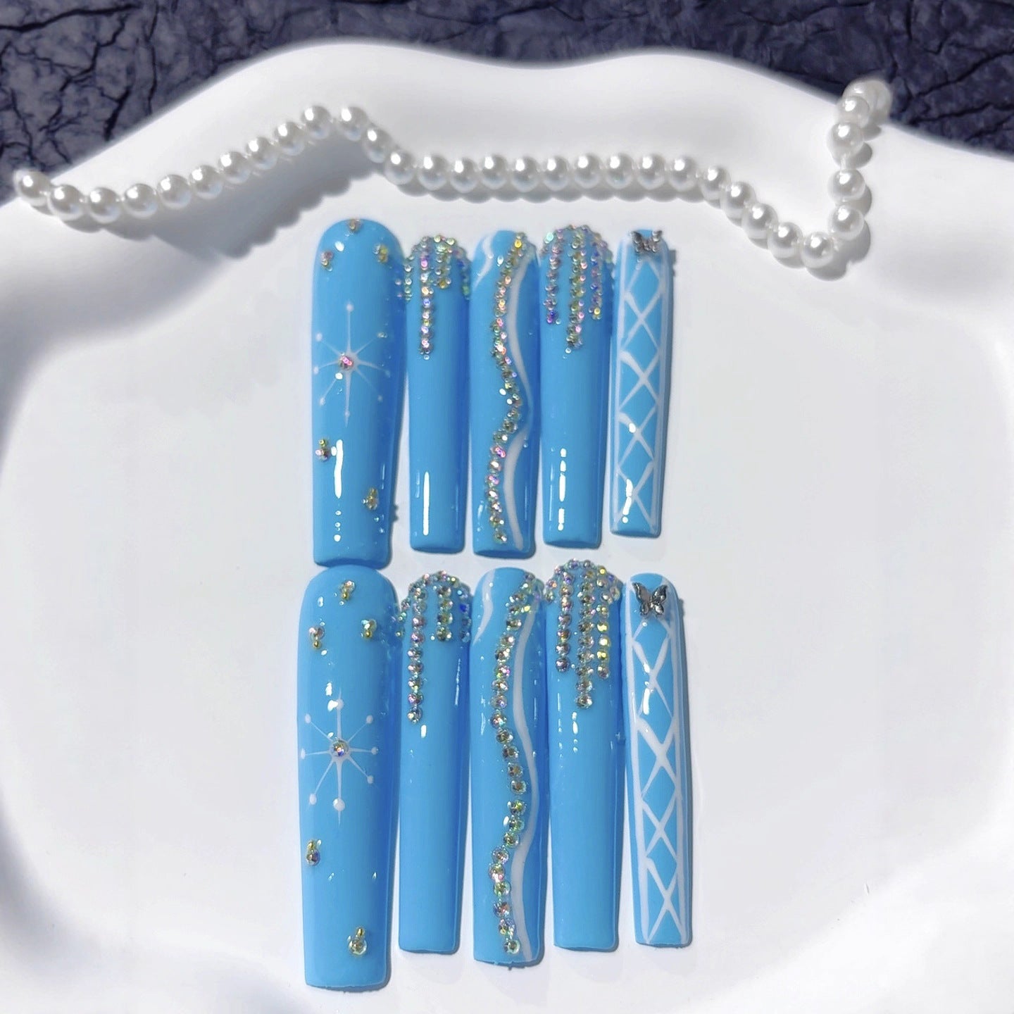 Sky Blue Crystal Line Minimal Glam Press On Nails