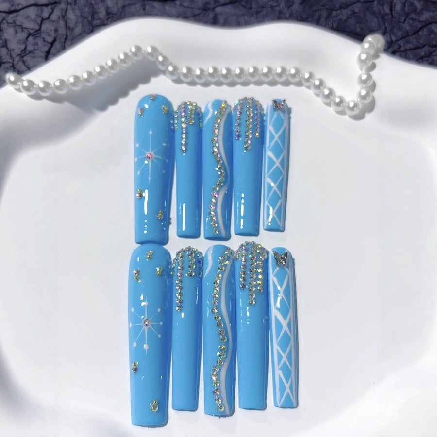Sky Blue Crystal Line Minimal Glam Press On Nails