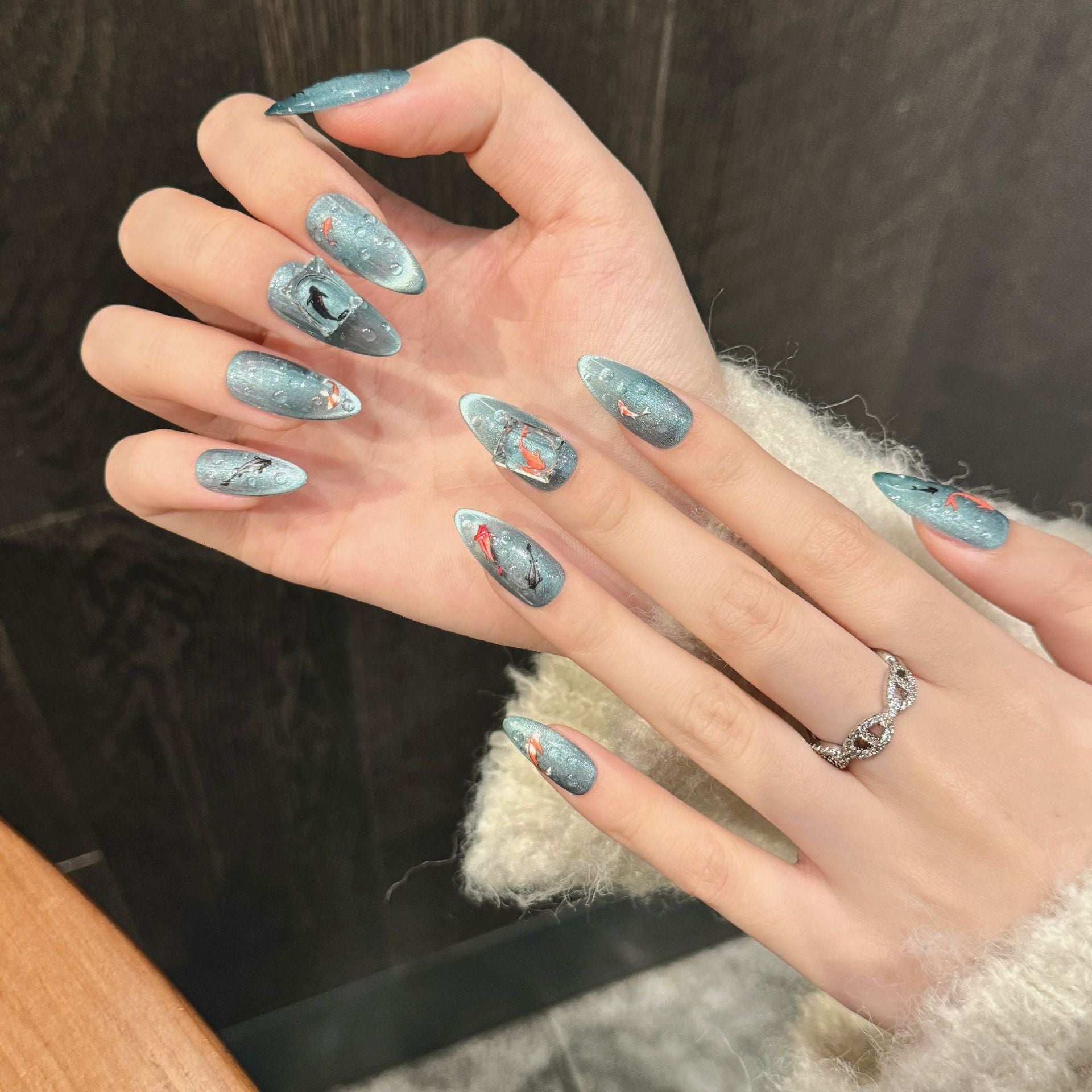 365nails: "Koi Serenity" – Hand-Painted Cat Eye Almond Nails