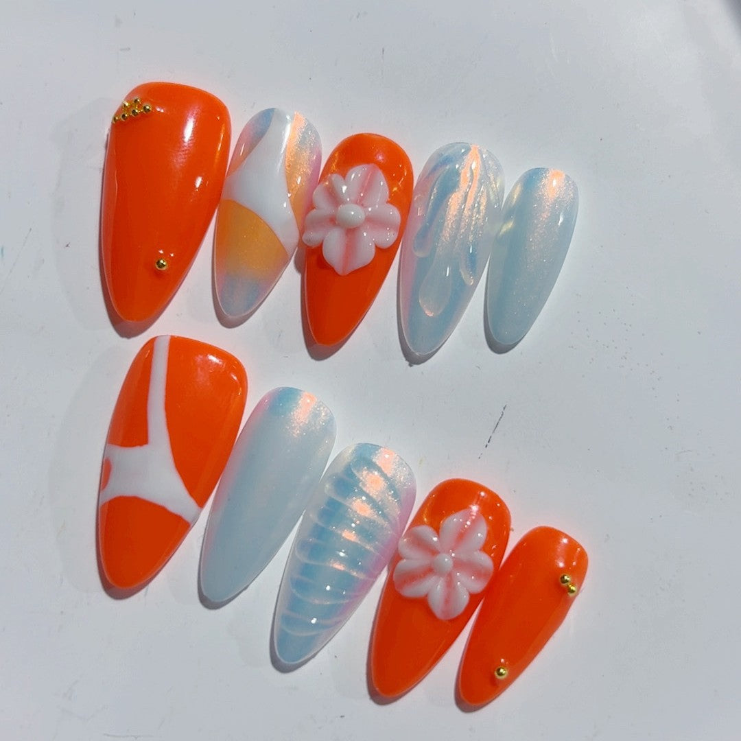 365nails-Coral Bloom: "Tropical Frangipani" – Almond Shape Handmade 3D Carved Press-On Nails