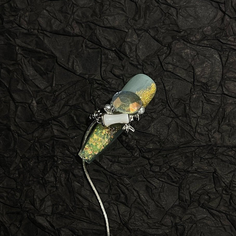 Misty Green Black Rose Pearl Gold Long Coffin Press On Nail