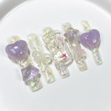 Uñas postizas de gel con corte a través de Ic, hechas a mano, súper largas, con diseño de agua, estilo caramelo, 365nails