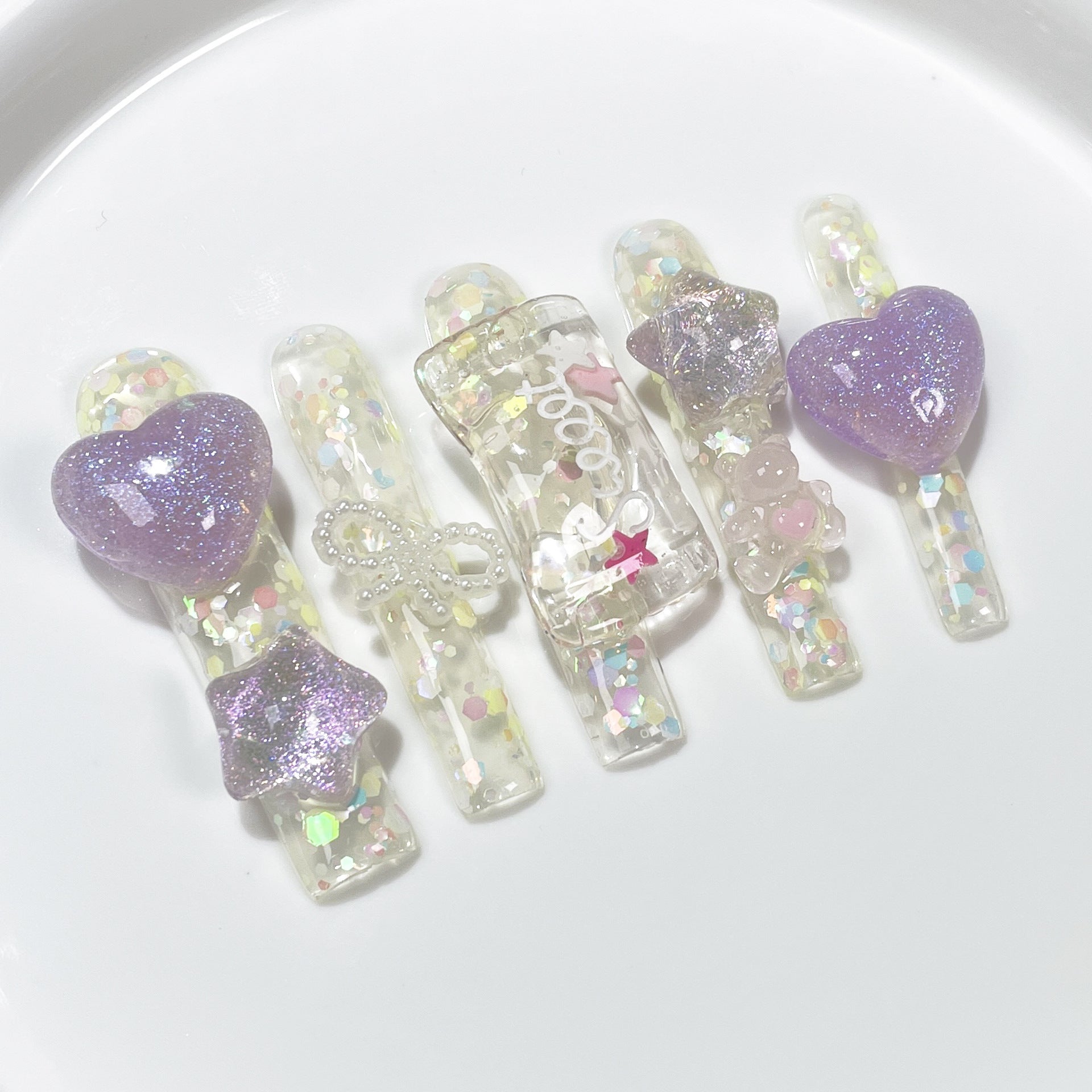 Uñas postizas de gel con corte a través de Ic, hechas a mano, súper largas, con diseño de agua, estilo caramelo, 365nails