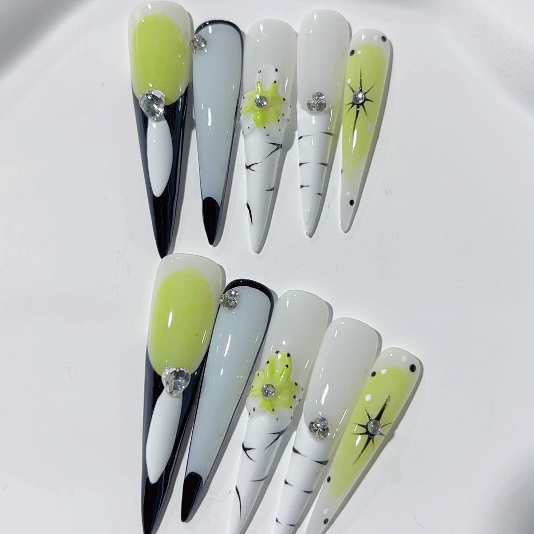 Abstract Lime Accent Extra Long Press On Nails
