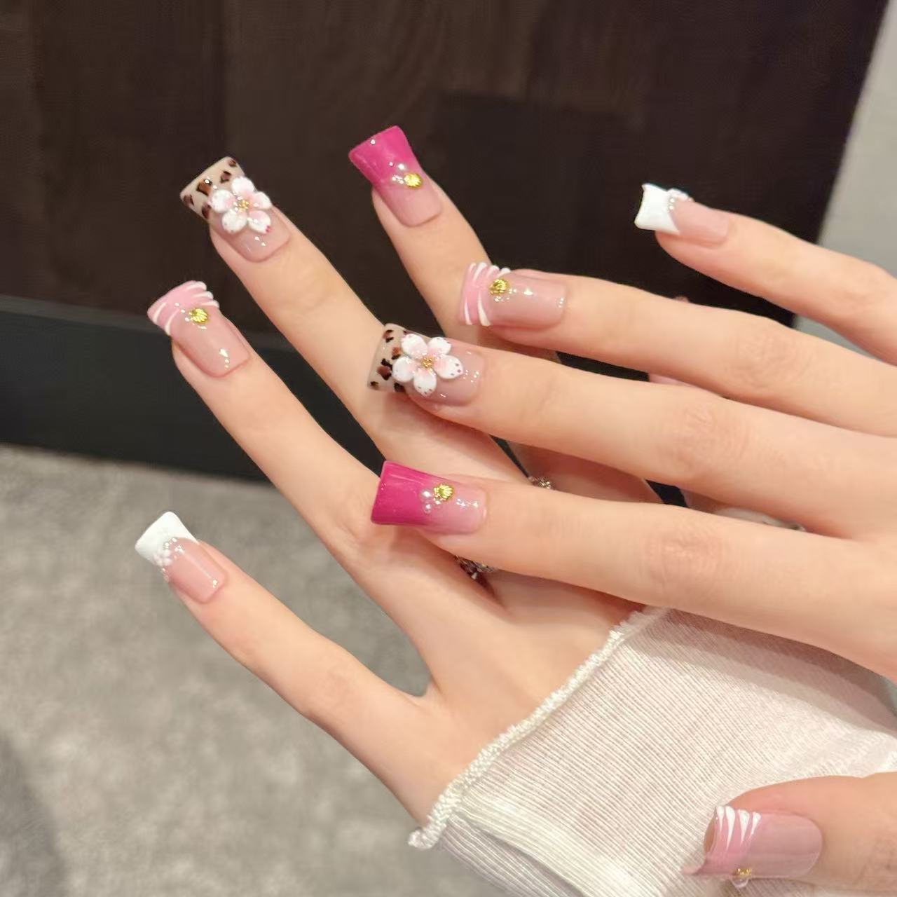 Pink Floral Leopard Accent Press On Nails