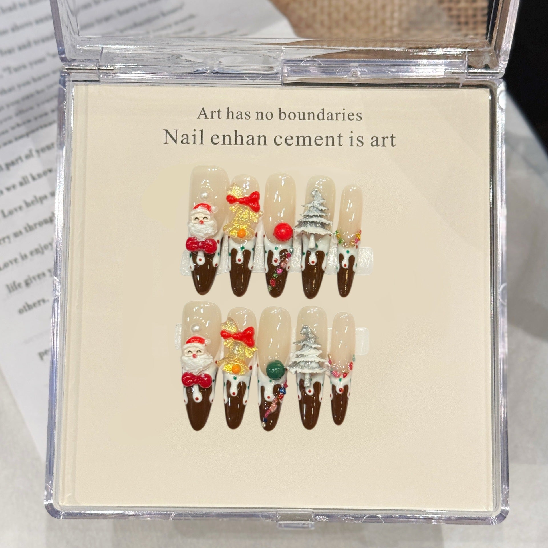 Chocolate Cake Christmas Press‑On Nails – Santa Snow Tree Design