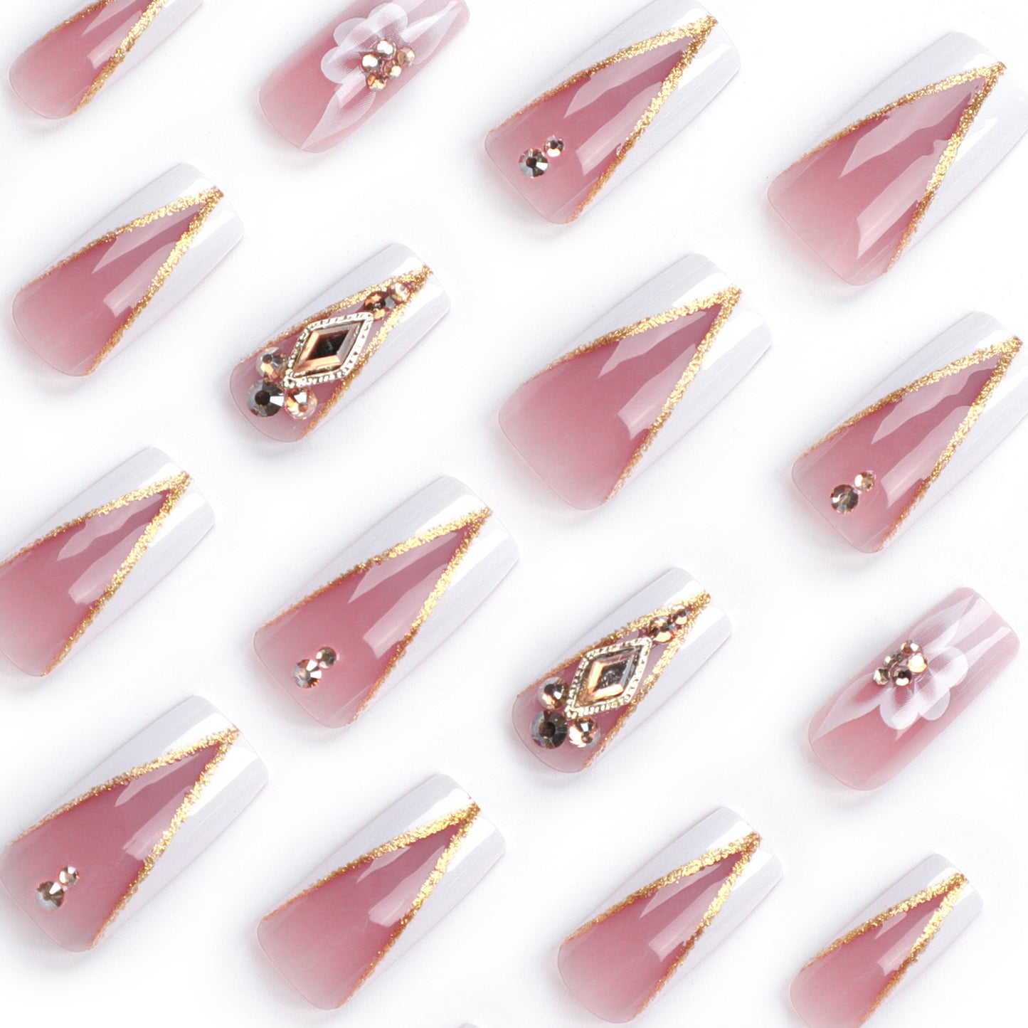 Golden glitter  V-shaped French white edge flower three-dimensional rhinestone  autumn and winter new  batch｜365nails