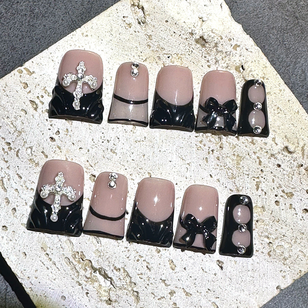 Nude Black French Nails with Cross and Bow Details