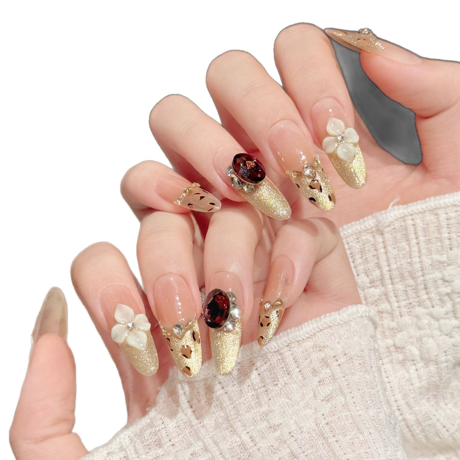 365nails: "Amber Leopard" – 3D Floral & Cat Eye Handmade Coffin Nails