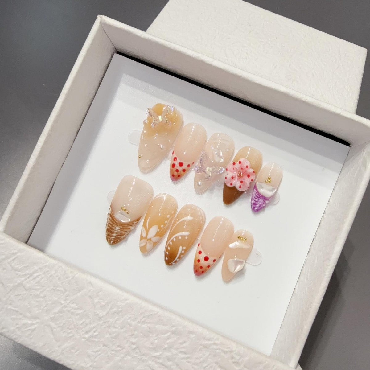 365nails: "Pearlescent Whisper" – 3D Floral Handmade Almond Nails