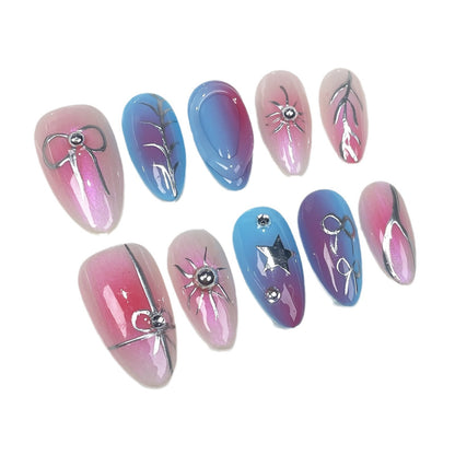 Handmade press on nails Symphony Colorful Hand-painted Line Bow Summer Almond Nail Wear Fake Nails｜365nails