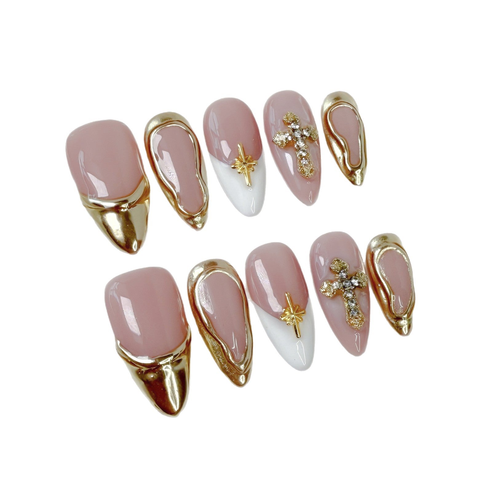 Ongles rose poudré élégants avec cadre doré et accents croix chics