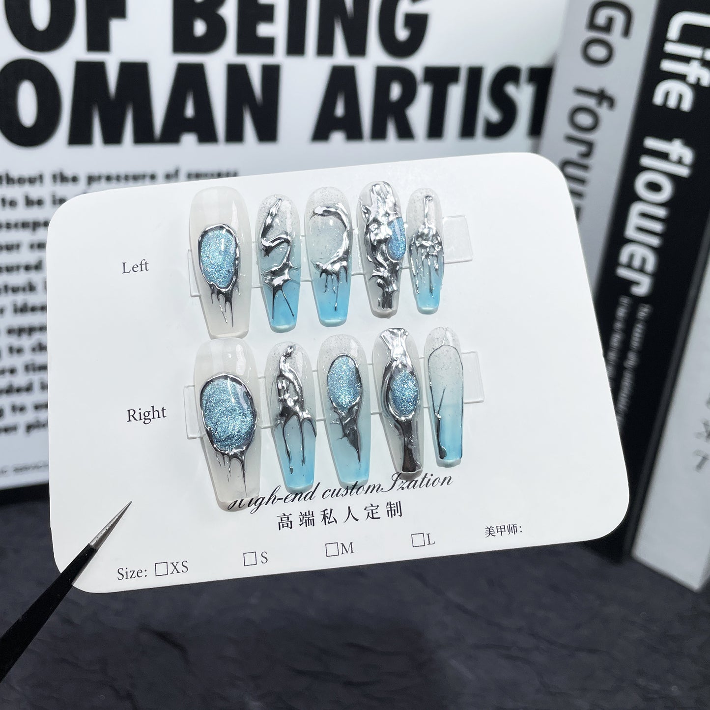 Heavy industry  cat eye sapphire blue three-dimensional metal handmade press-on nails transparent blue gradual change sticker｜365nails