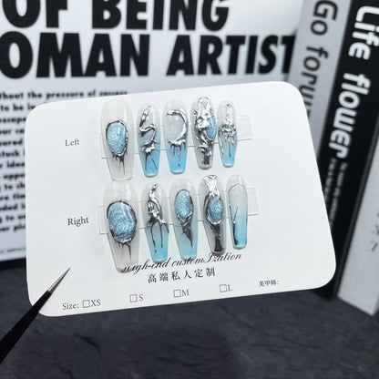 Heavy industry  cat eye sapphire blue three-dimensional metal handmade press-on nails transparent blue gradual change sticker｜365nails