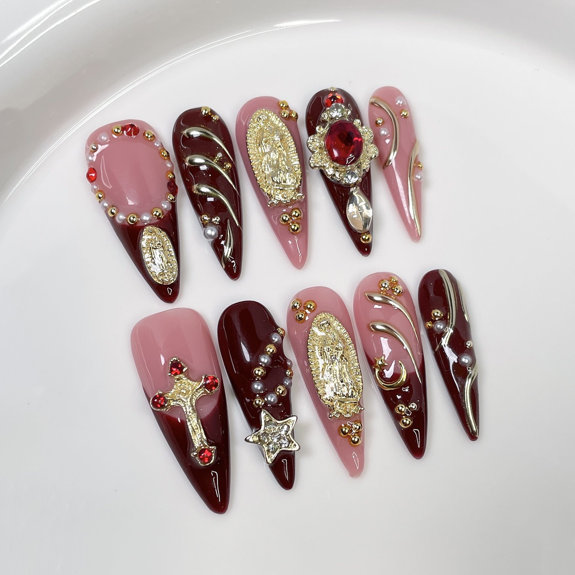 Opulent Gothic Red Gem Virgin Mary Long Press-On Nails