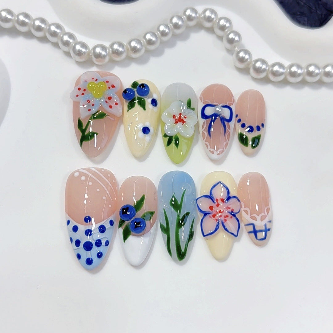 Meadow Bloom: "Wildflower Blueberry" – Almond Shape Handmade Press-Ons