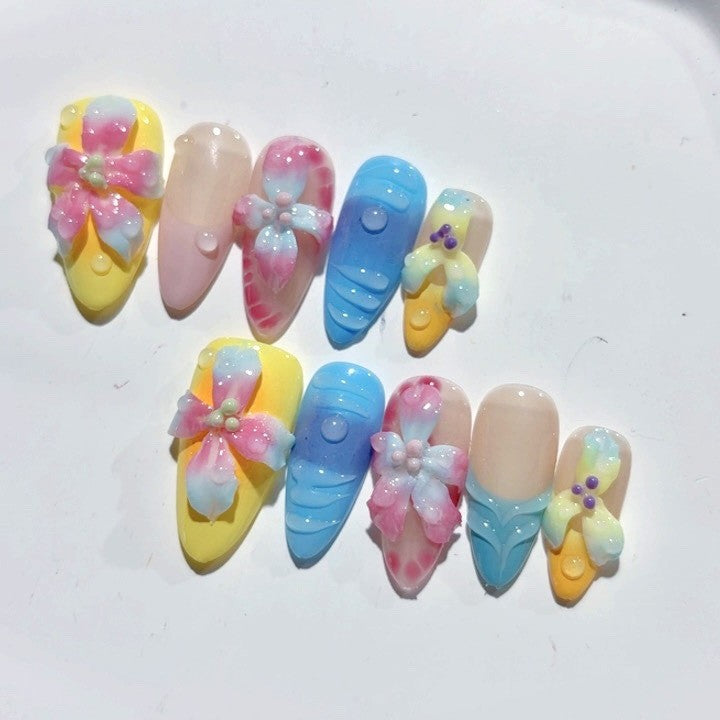 365nails: "Rainbow Floral Mermaid" – Medium Almond Colorful Floral Handmade Press-On Nails