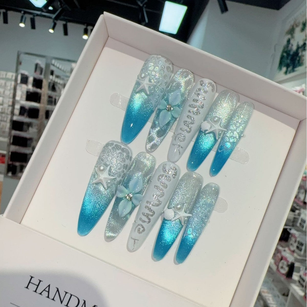 365nails: "Blue Lagoon" – 3D Shell Handmade Stiletto Nails