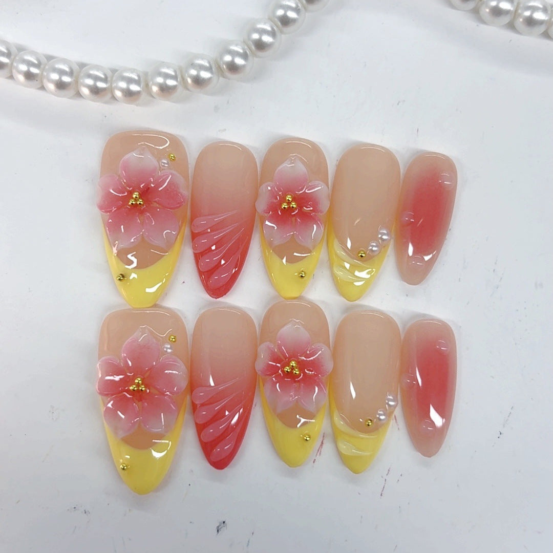 Sakura citron : "Floral rose" – Ongles press-on forme amande