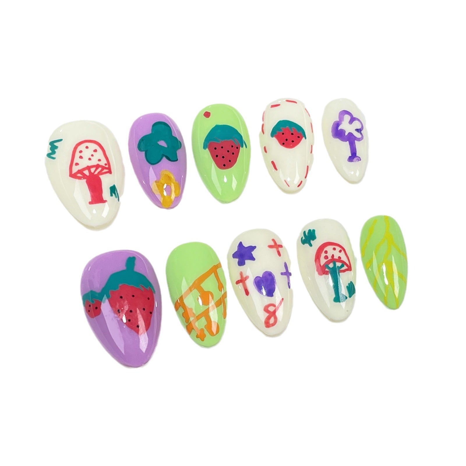 Graffiti Cartoon Handmade Press-on Nails Dream Little Mushroom Hand Painted Cute Sweet Strawberry Nail Patch｜365nails