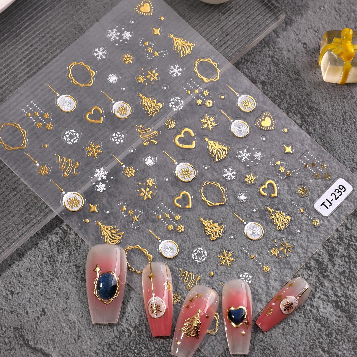 Bronzing Christmas Tree Nail Art Sticker 5D Embossed Three-dimensional Snowflake Christmas Ball DIY Nail Sticker Ornament TJ
