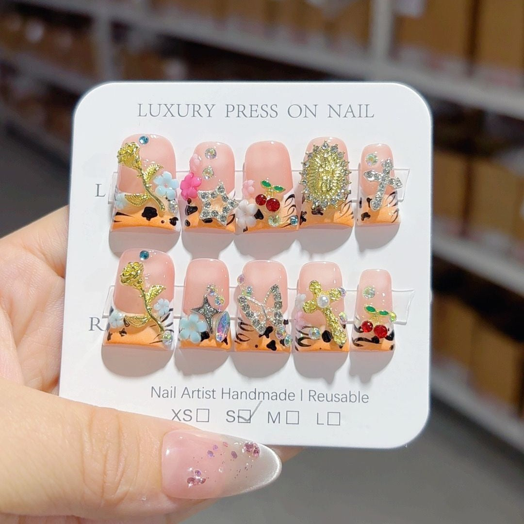 Gothic Y2K: "Leopard & Charm" – Square Press-On Nails