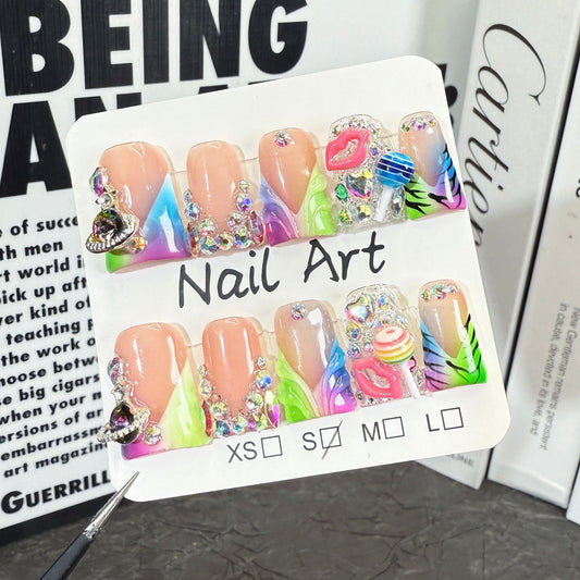 Unhas de bico de pato transparentes francesas multicoloridas, mudança gradual, flash, vestindo armadura pura artesanal, atacado de fábrica｜365nails