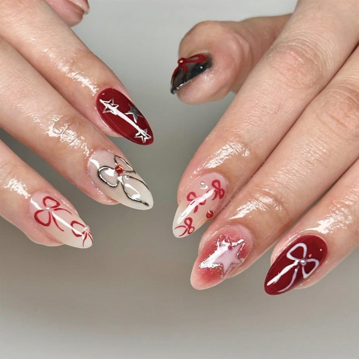 甜美 INS 風蝴蝶結星星腮紅色穿戴甲｜365nails