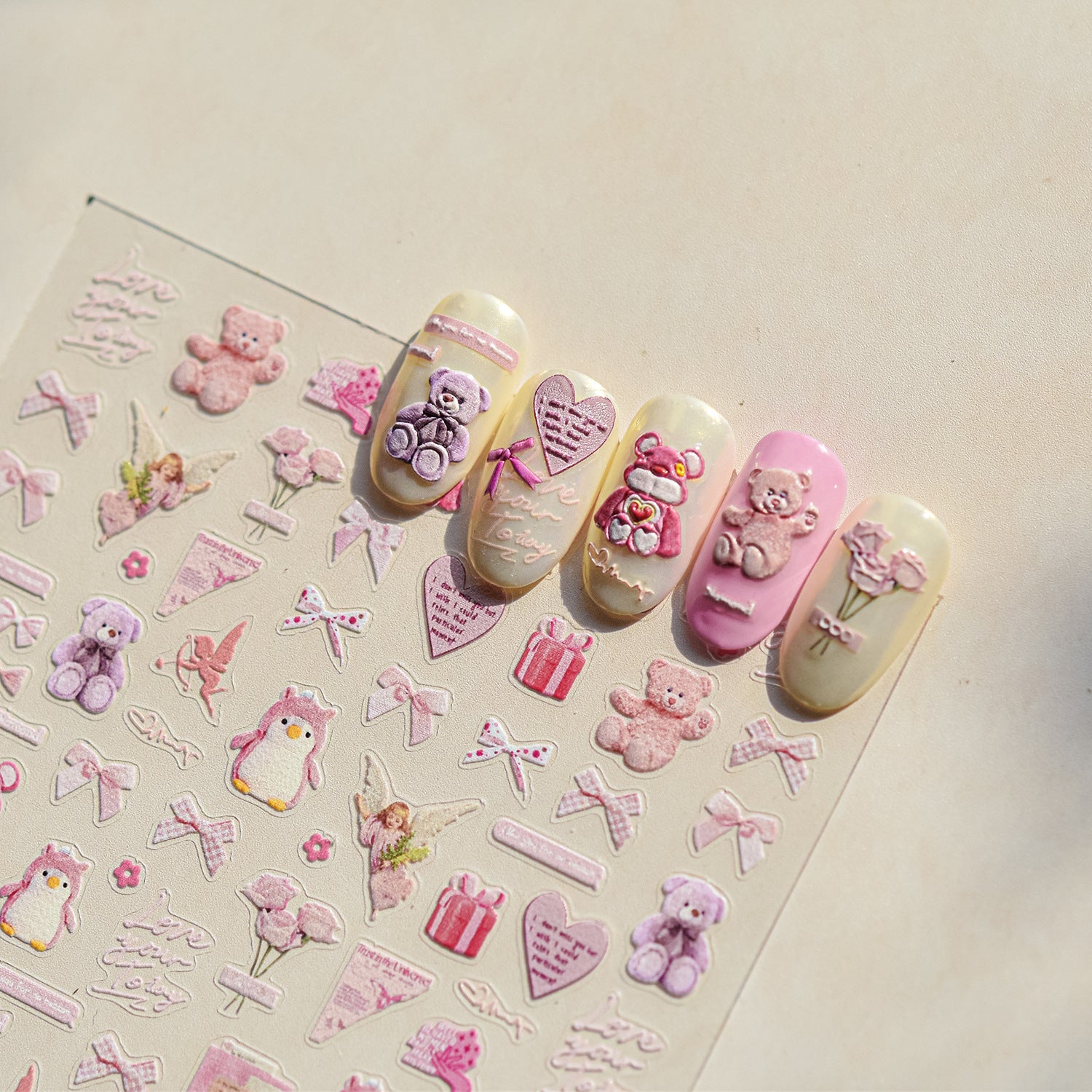 365nails: "Pink Teddy & Penguin Valentine" – nail art stickers