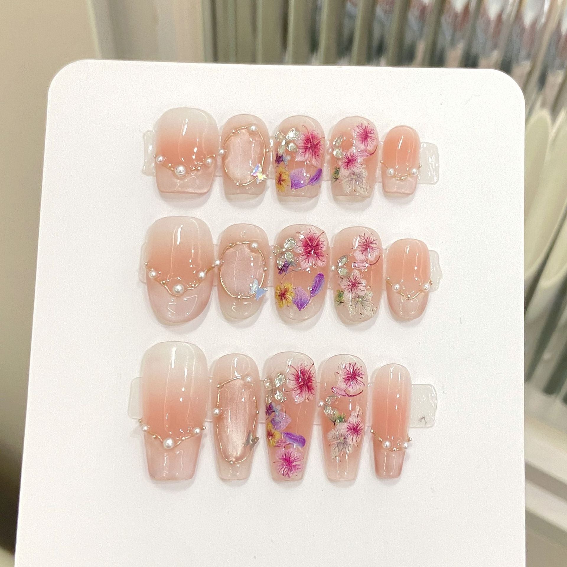 365nails: "Blossom Whisper" – 3D Floral & Pearl Handmade Square Nails