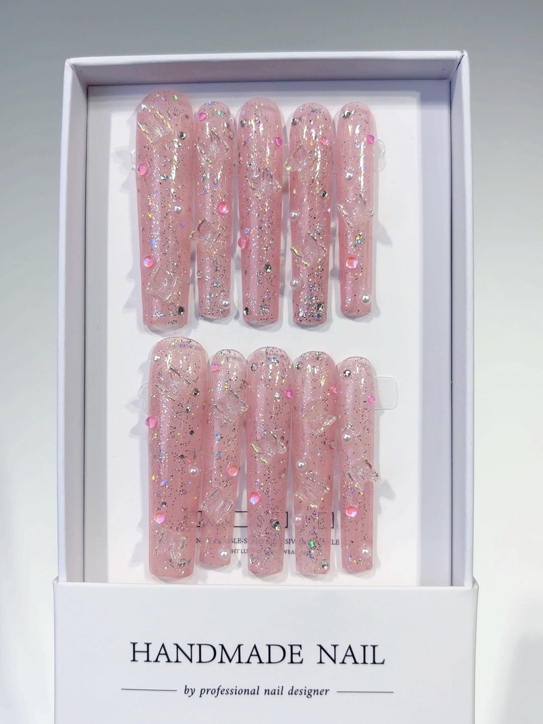 365nails: "Pink Butterfly Glitter" – Extra Long Square Glittery Pink Butterfly Handmade Press-On Nails